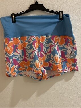 Roxy Blue Floral Swim Shorts with Orange & Pink Blooms